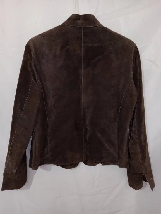 Vintage 90s Anne Klein Suede Leather Jacket Brown Mandarin Collar Button Front M - Picture 5 of 11